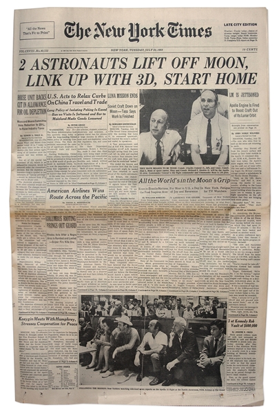 ''The New York Times'' From 22 July 1969, the Day After Apollo 11 Leaves the Moon -- ''2 Astronauts Lift off Moon''